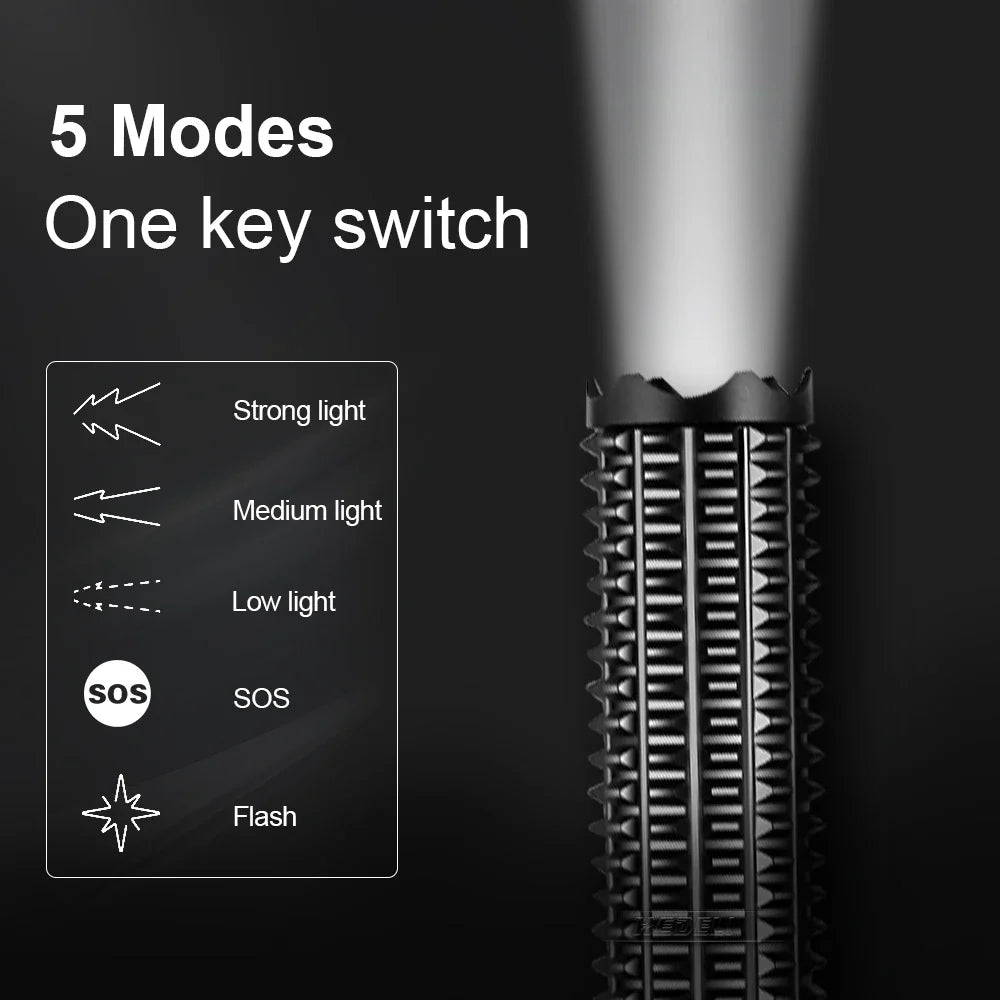 High-Power XHP120 LED Tactical Flashlight with Zoom and Waterproof Design