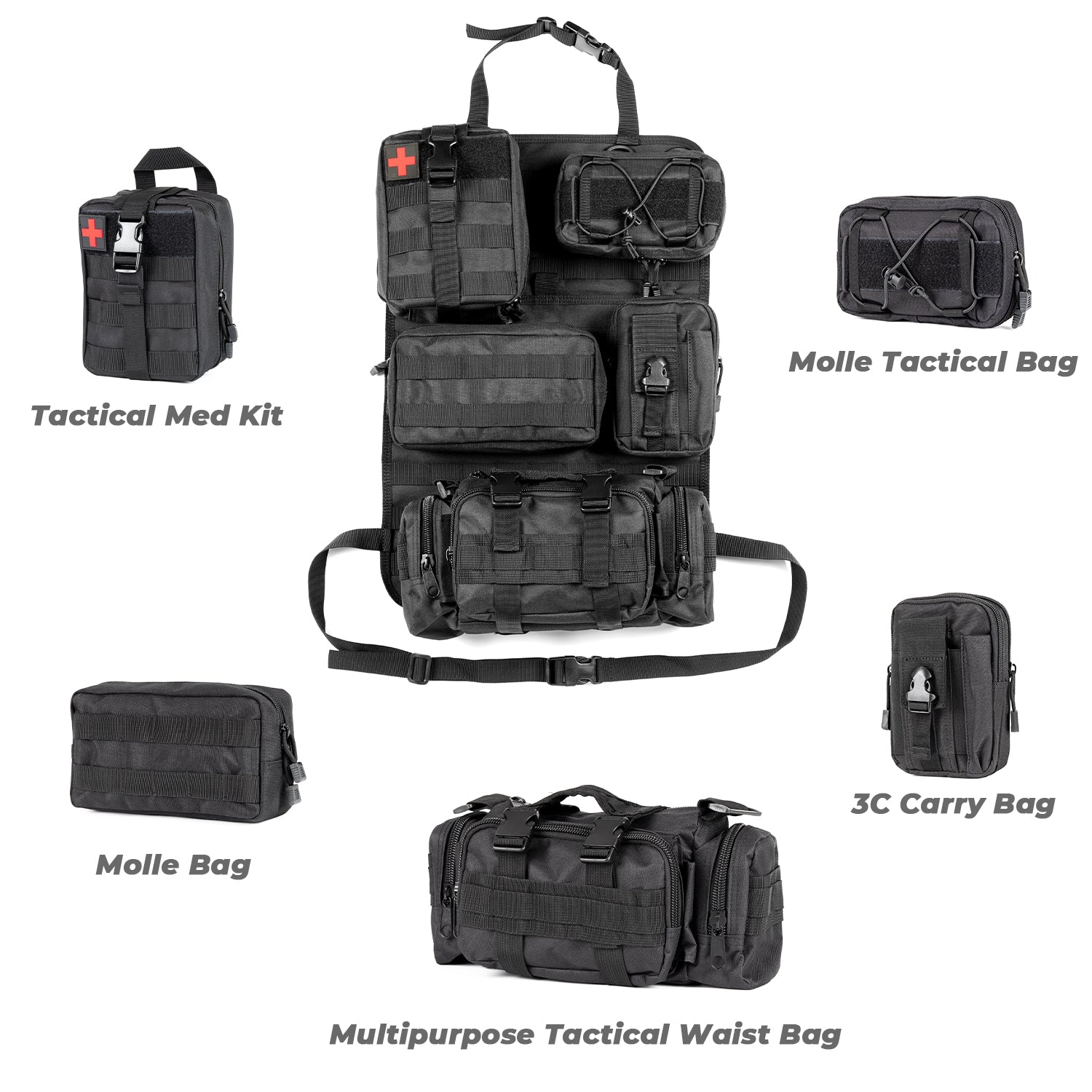Car Seat Back Organizer with 5 Removable MOLLE Pouches - Universal Fit, Black