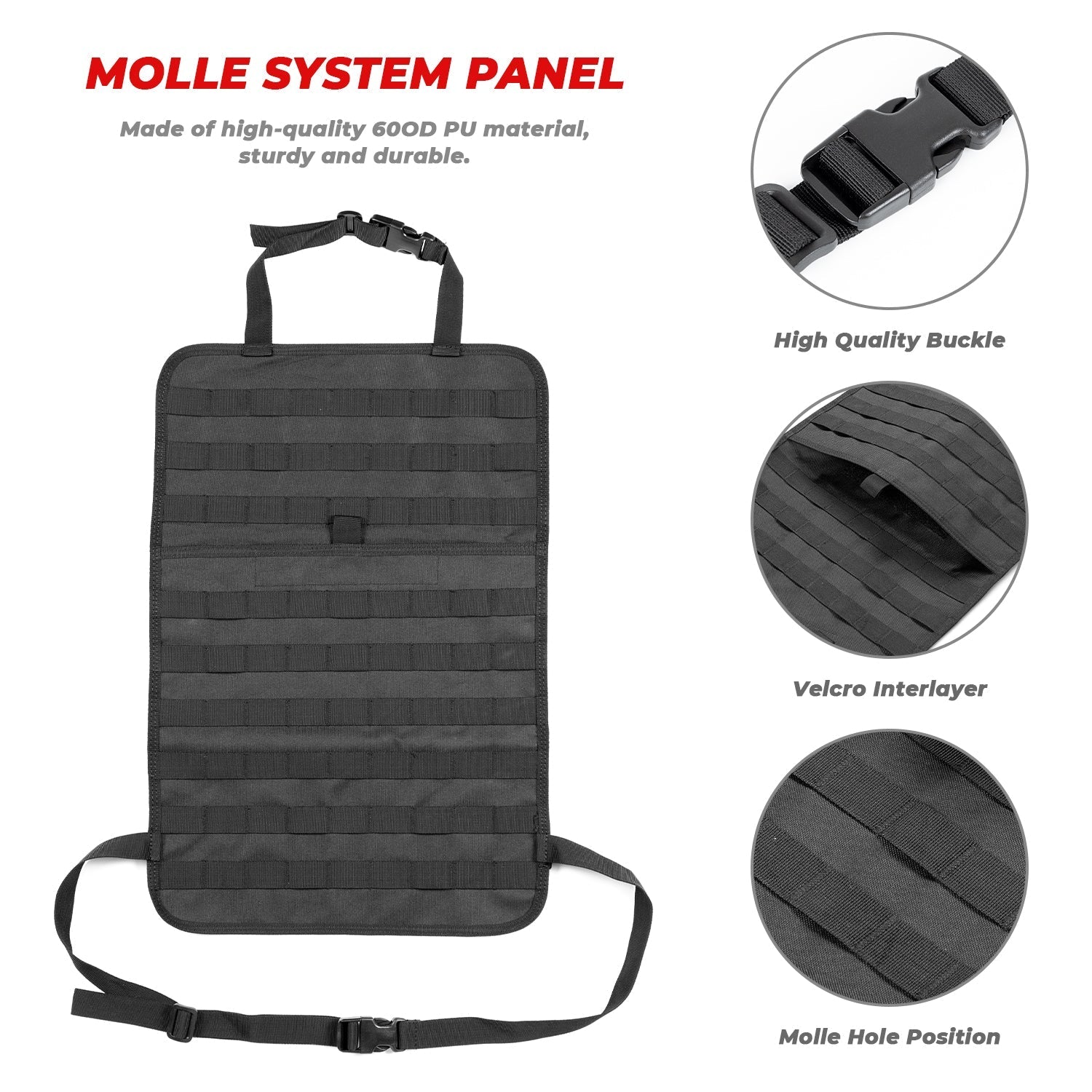 Car Seat Back Organizer with 5 Removable MOLLE Pouches - Universal Fit, Black
