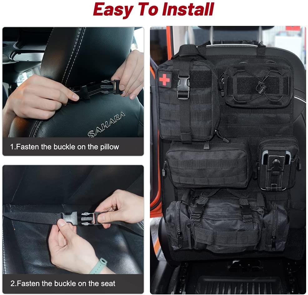 Car Seat Back Organizer with 5 Removable MOLLE Pouches - Universal Fit, Black