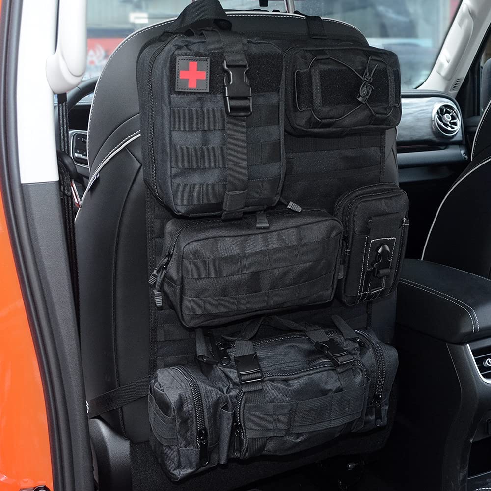 Car Seat Back Organizer with 5 Removable MOLLE Pouches - Universal Fit, Black