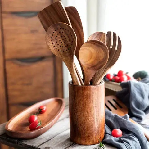 Natural Teak Kitchen Utensil Collection – 9-Piece Set with Holder & Rest