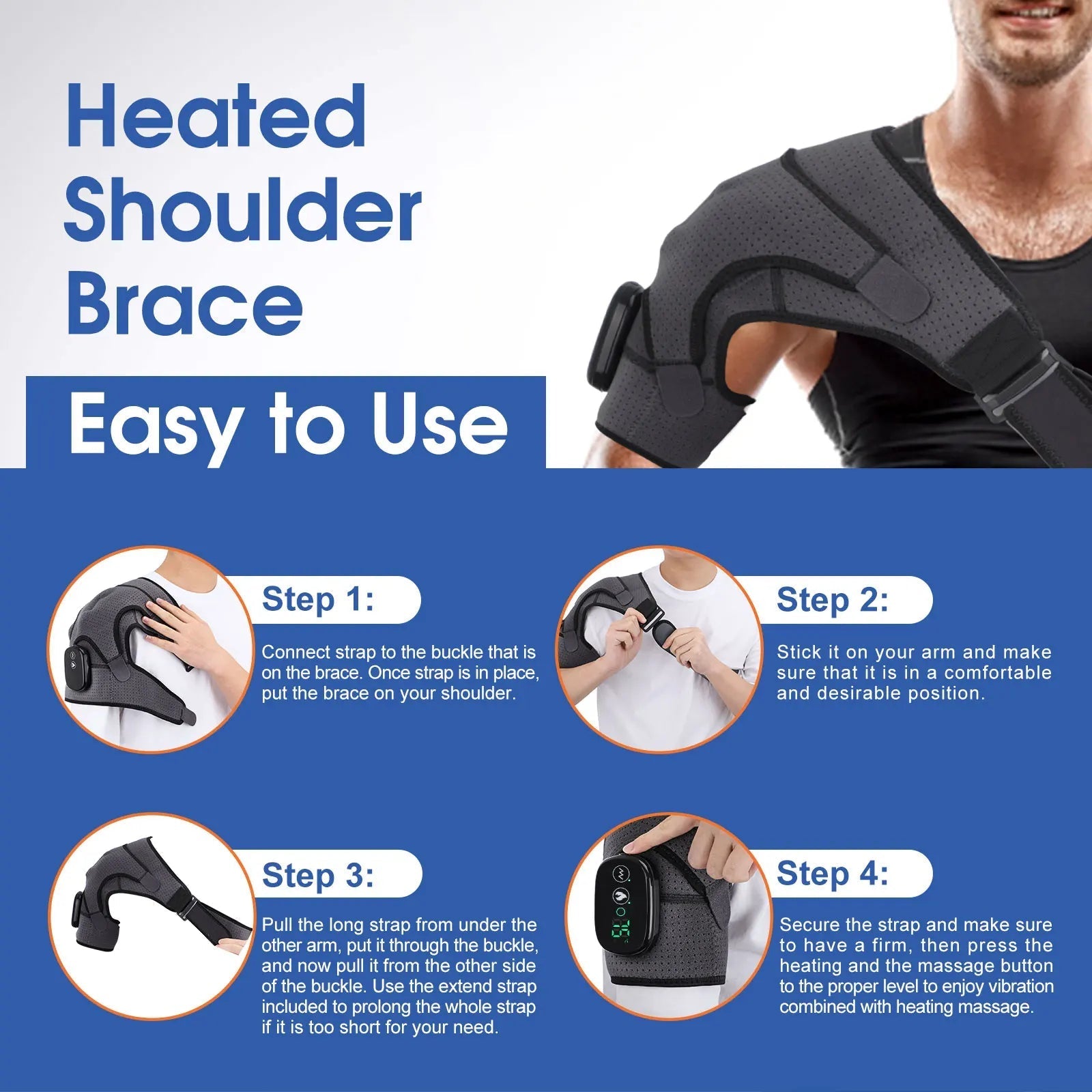 Rechargeable Cordless Shoulder Therapy Belt with Heat & Vibration – 3 Settings 40–75°C, LED Screen