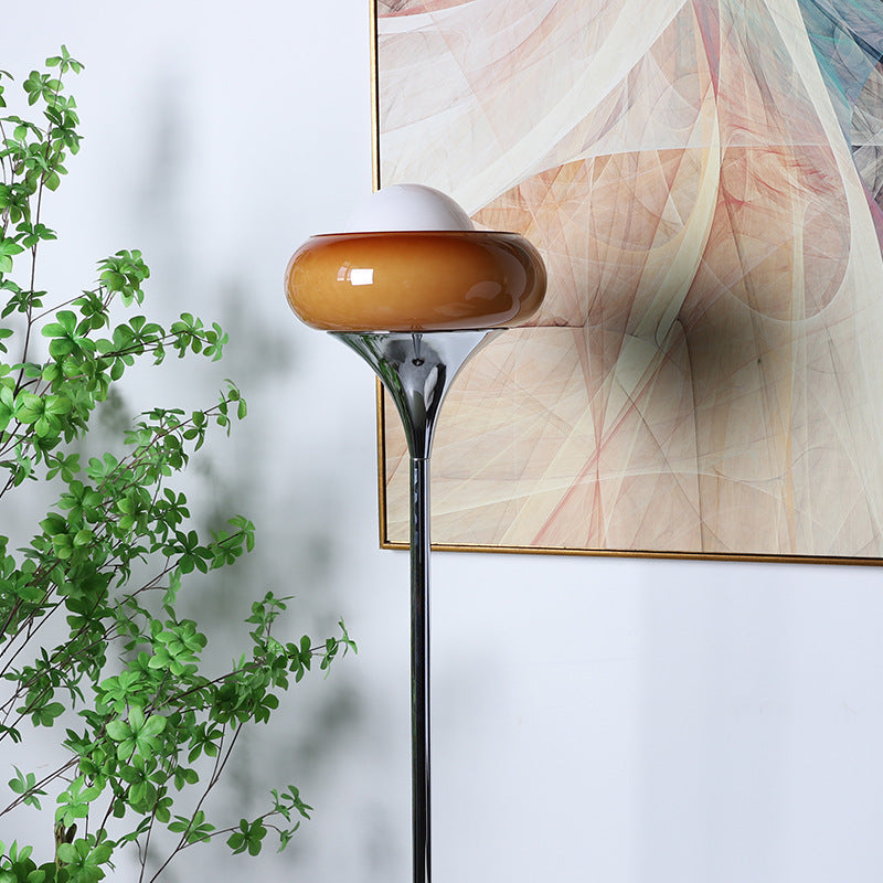 Taavita Mid-Century Floor Lamp made of chrome metal, brown glass, and opal