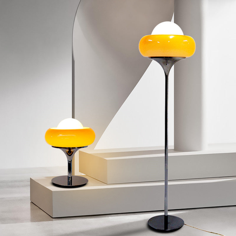 Taavita Mid-Century Floor Lamp made of chrome metal, brown glass, and opal
