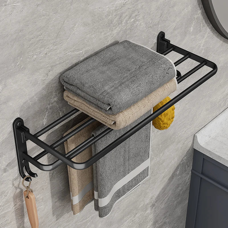 Wall-Mounted Towel Rack – Foldable Aluminium with Hooks, 49cm, Black
