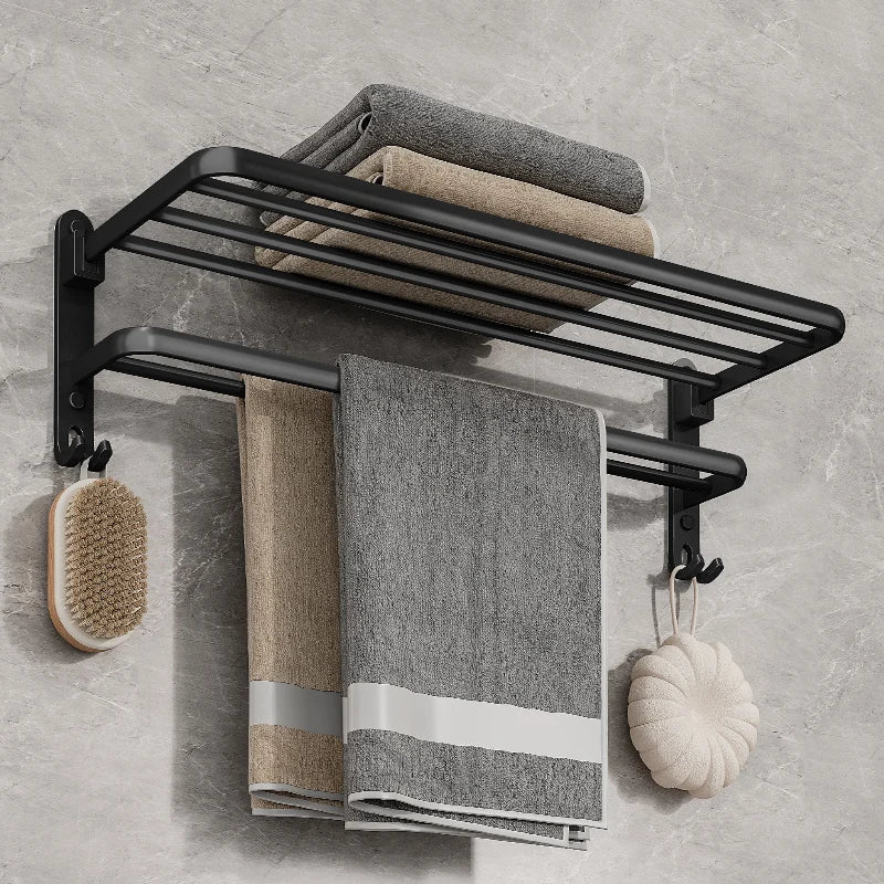 Wall-Mounted Towel Rack – Foldable Aluminium with Hooks, 49cm, Black