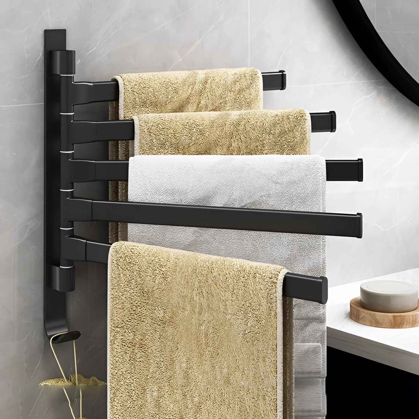 Black Wall-Mounted Towel Rack with 5 Swivel Arms – Space-Saving Bathroom Organizer
