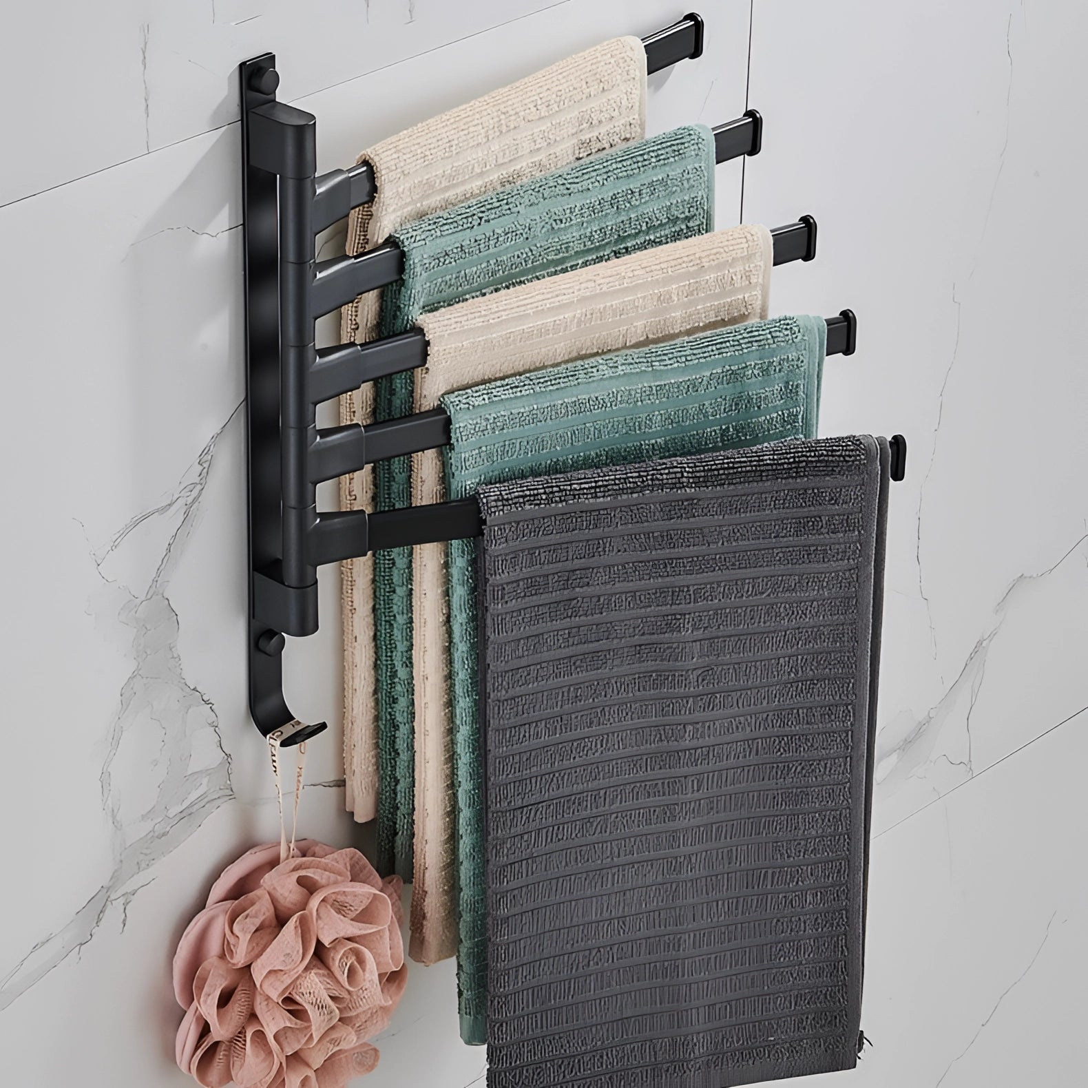 Black Wall-Mounted Towel Rack with 5 Swivel Arms – Space-Saving Bathroom Organizer