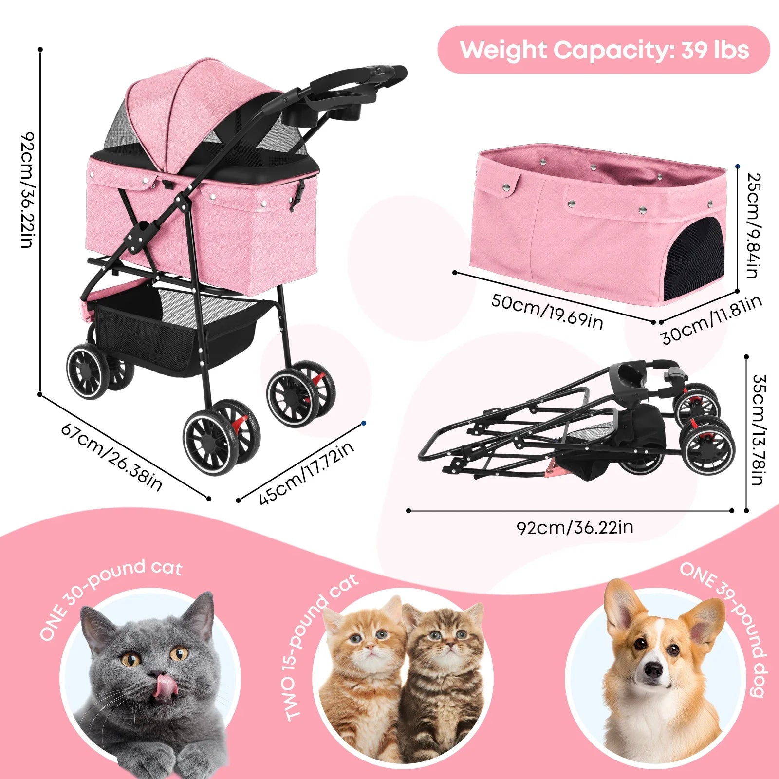 Lightweight Foldable Pet Stroller for Small Dogs and Cats – Water-Resistant Fabric