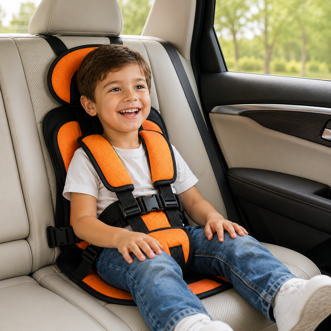 Portable Car Seat Booster with 5-Point Harness – Foldable for Travel