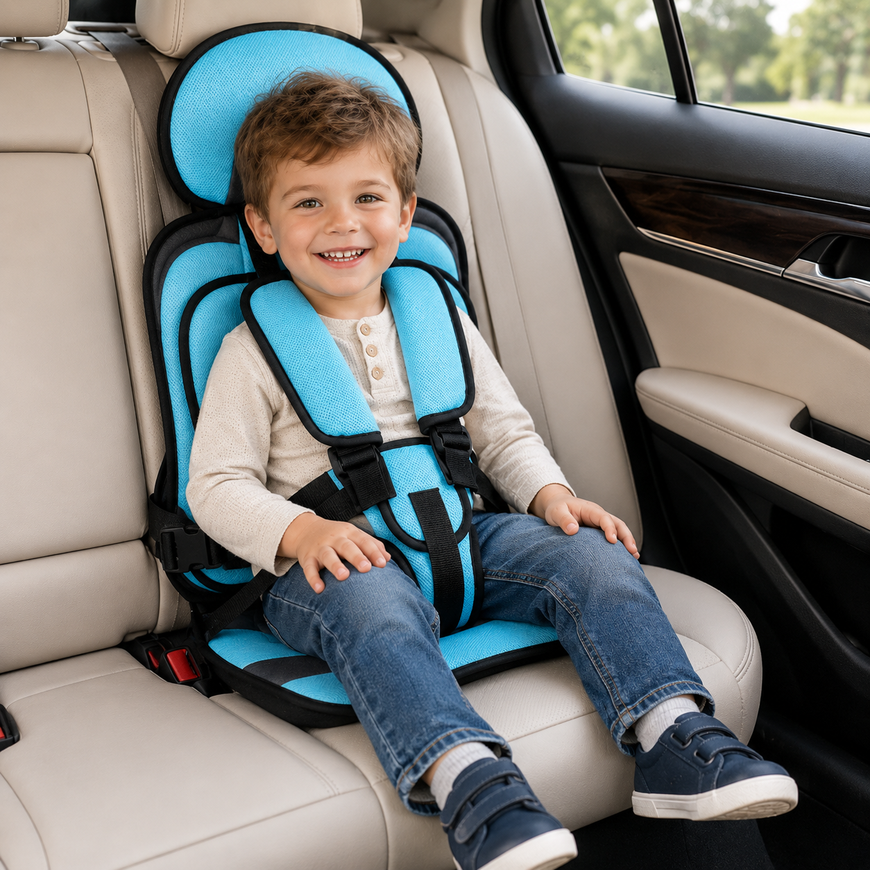 Portable Car Seat Booster with 5-Point Harness – Foldable for Travel
