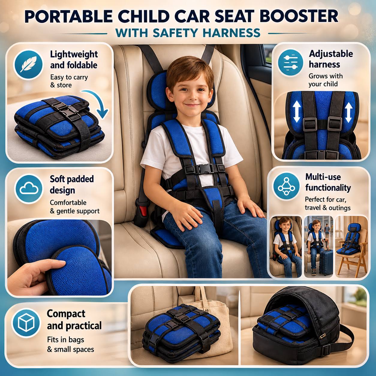 Portable Car Seat Booster with 5-Point Harness – Foldable for Travel