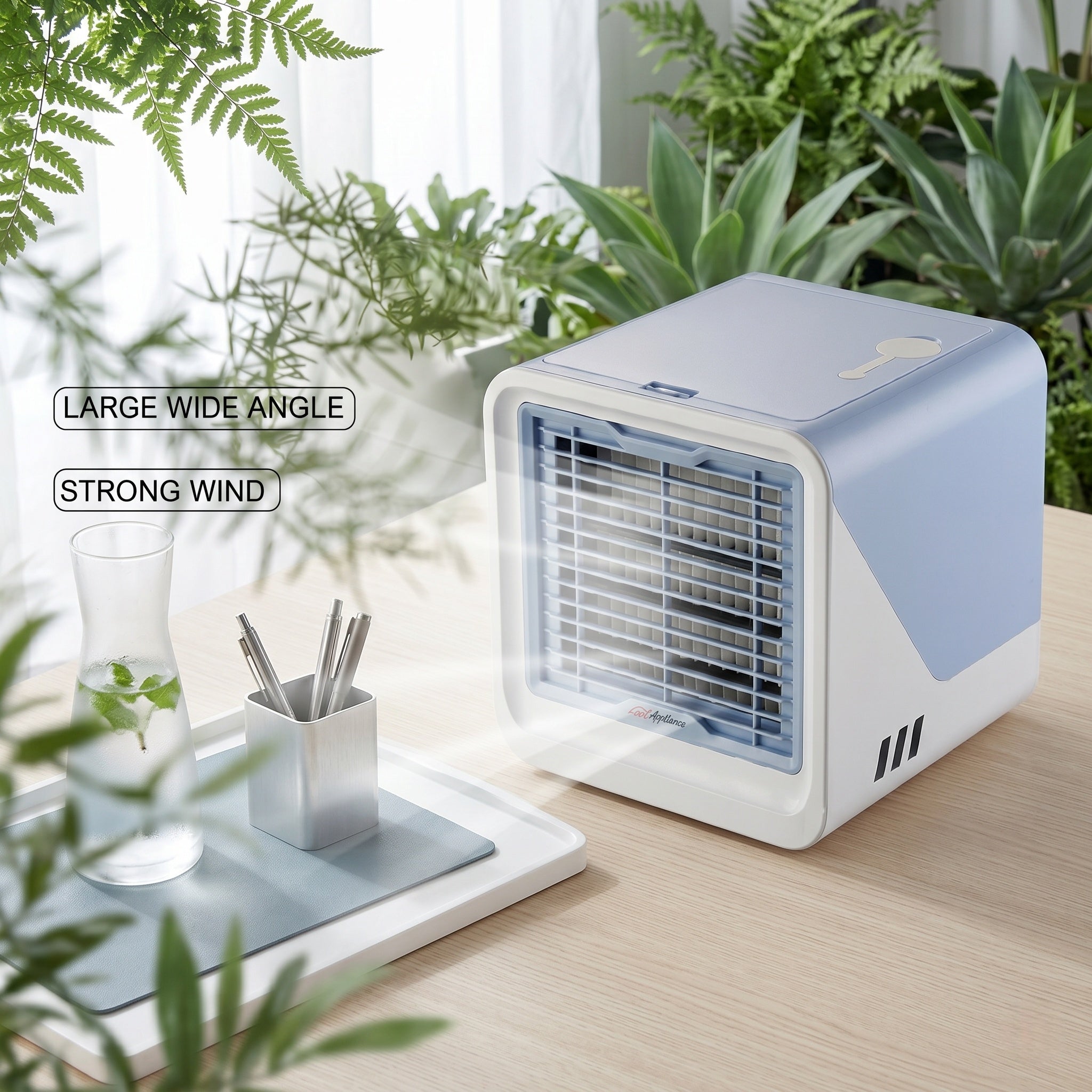 USB-Powered Mini Air Cooler Fan with 120° Airflow and 3 Speeds, Night Light