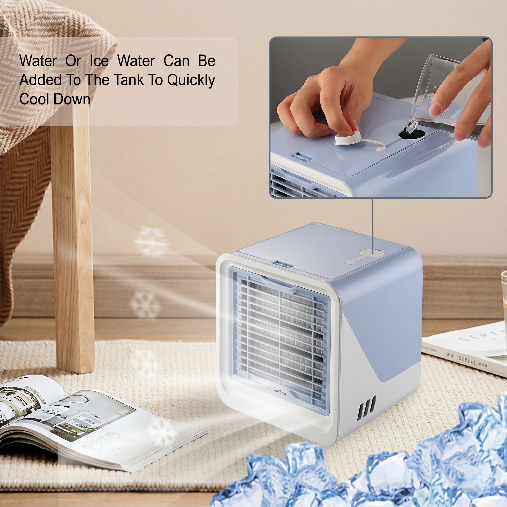 USB-Powered Mini Air Cooler Fan with 120° Airflow and 3 Speeds, Night Light