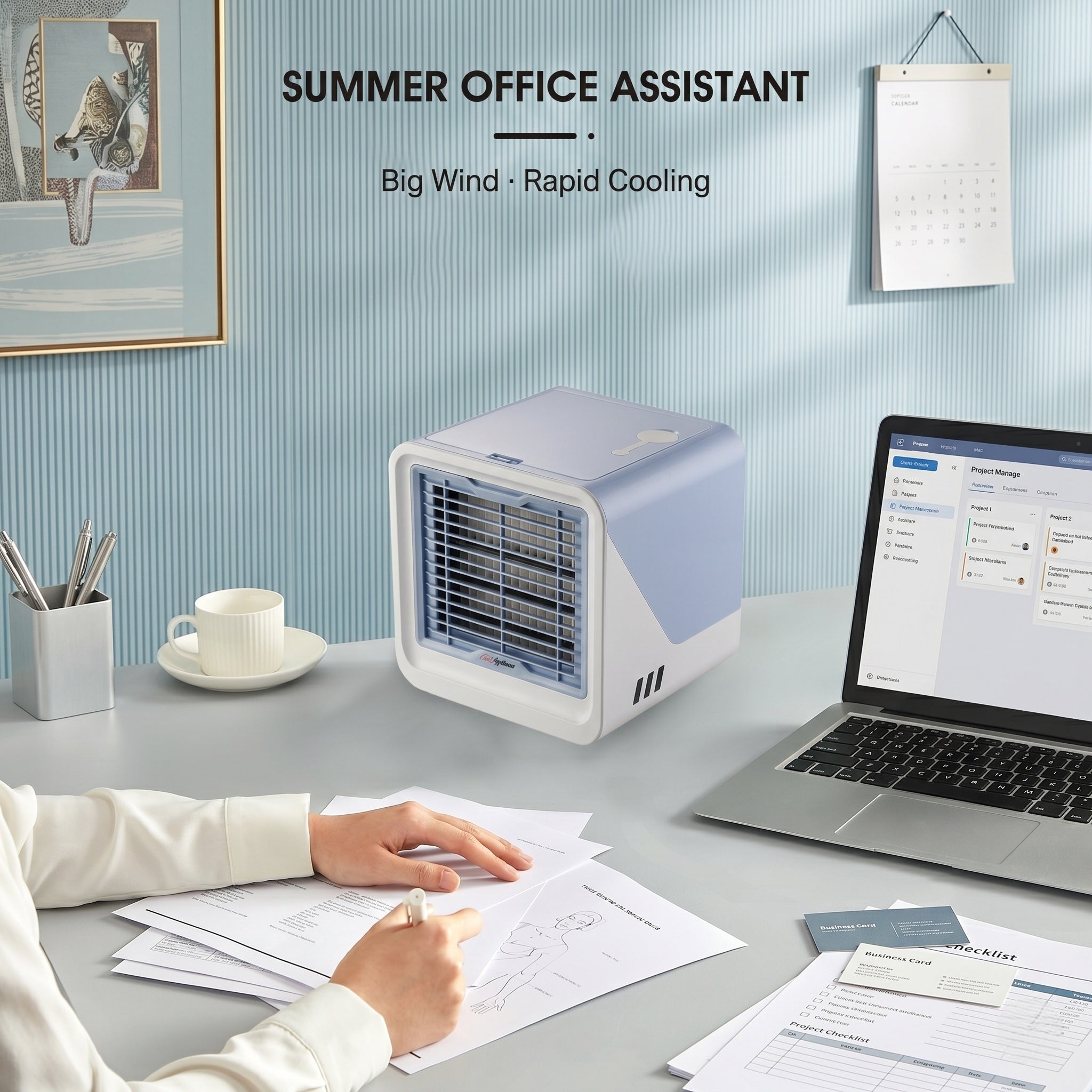 USB-Powered Mini Air Cooler Fan with 120° Airflow and 3 Speeds, Night Light