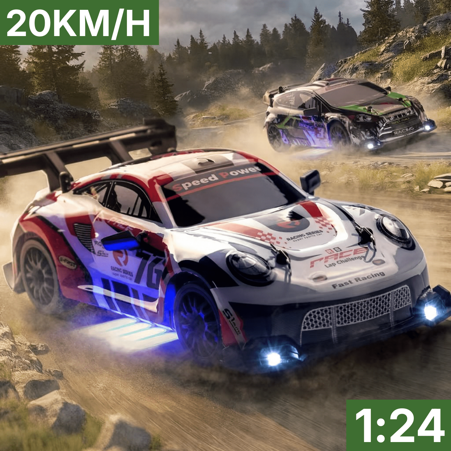 RC Car with High Speed and Drift Modes, 2.4GHz, LED Lights, Interchangeable Tires