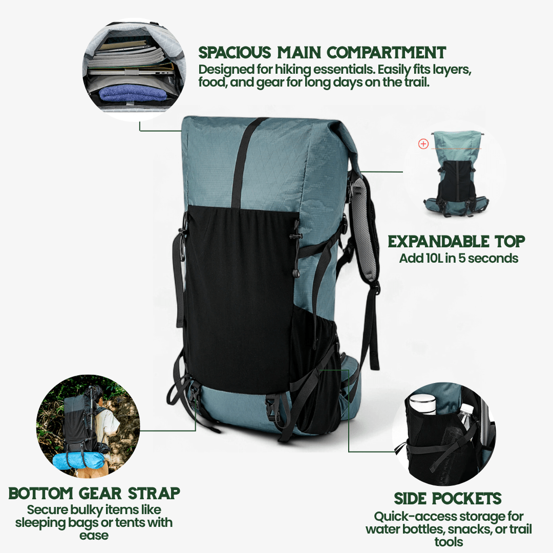 TrailBlazer 50L Lightweight Expandable Backpack with Rolltop