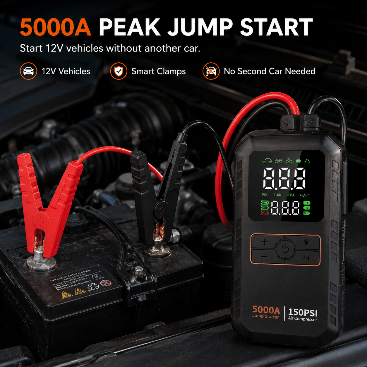 5000A Portable Jump Starter for Cars with Air Compressor and LED Light, 16000mAh