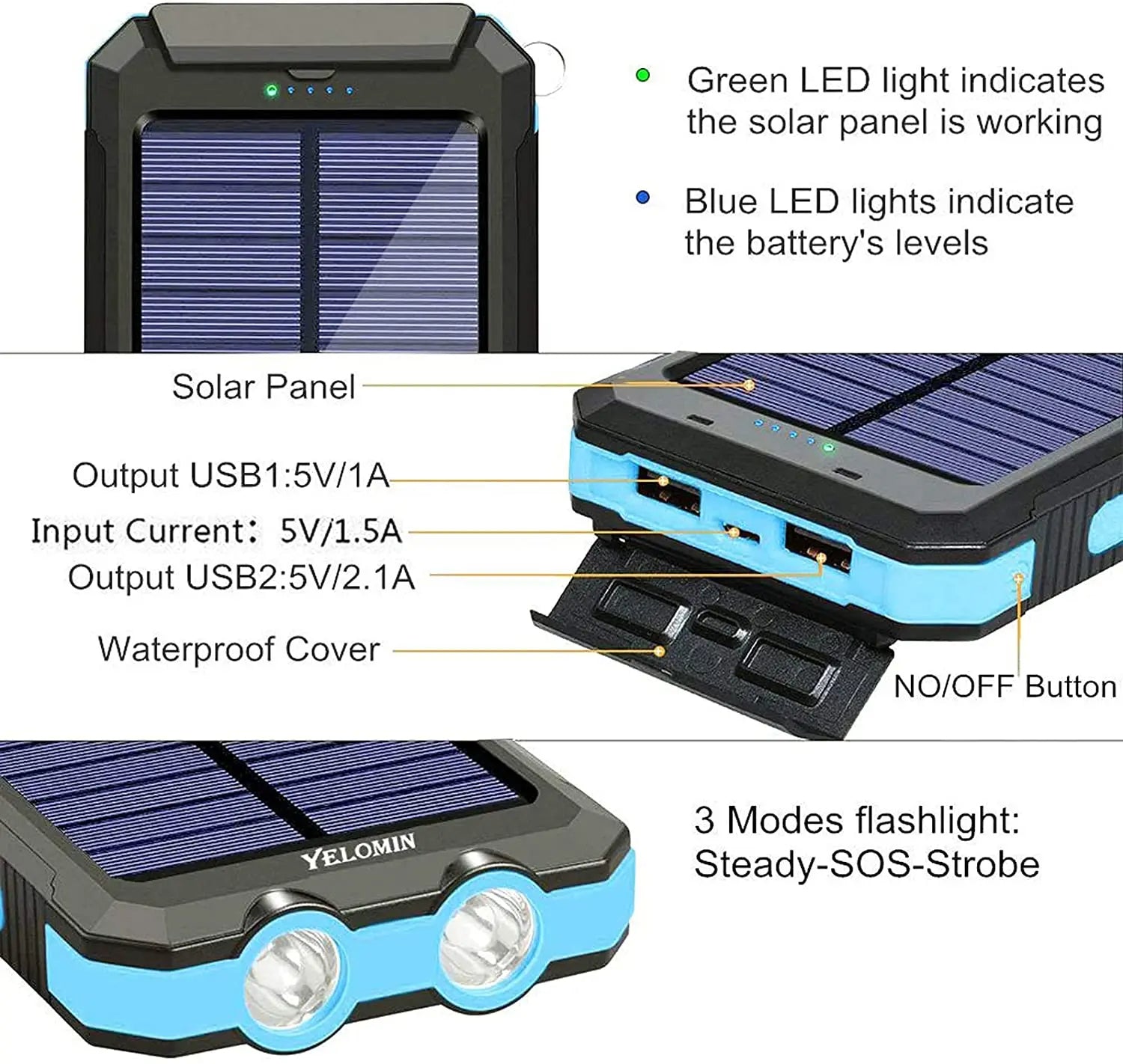 Portable Solar Charger with Dual USB - IP67 Waterproof, 15W Output