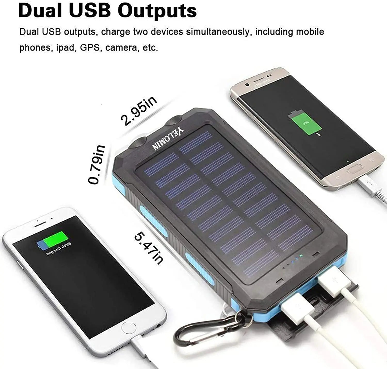 Portable Solar Charger with Dual USB - IP67 Waterproof, 15W Output