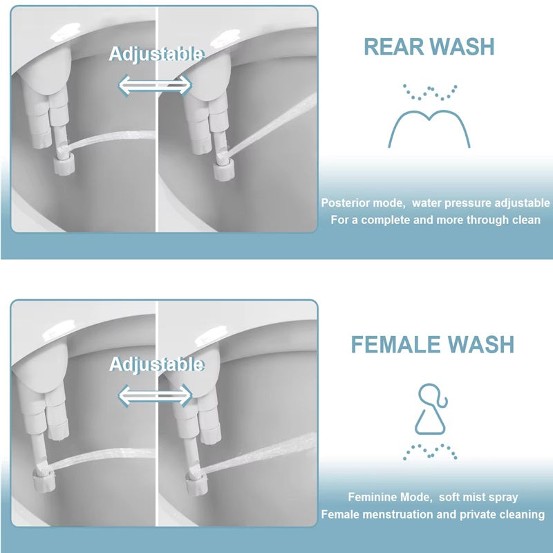 Slim Bidet Connector with Dual Nozzles and Adjustable Water Pressure for Standard Toilets