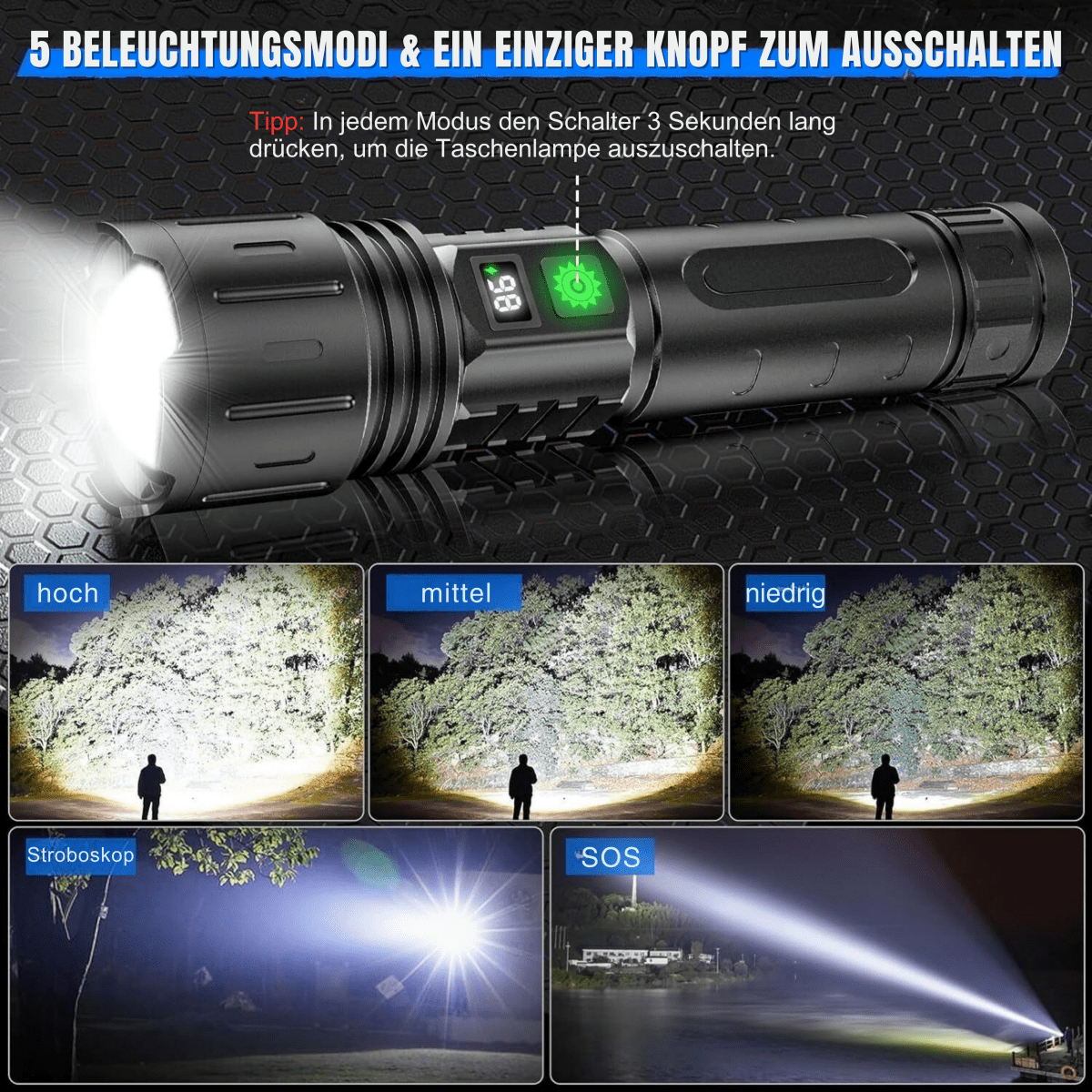 High-Intensity Flashlight with 100,000 Lumens and Power Bank for Outdoor Use
