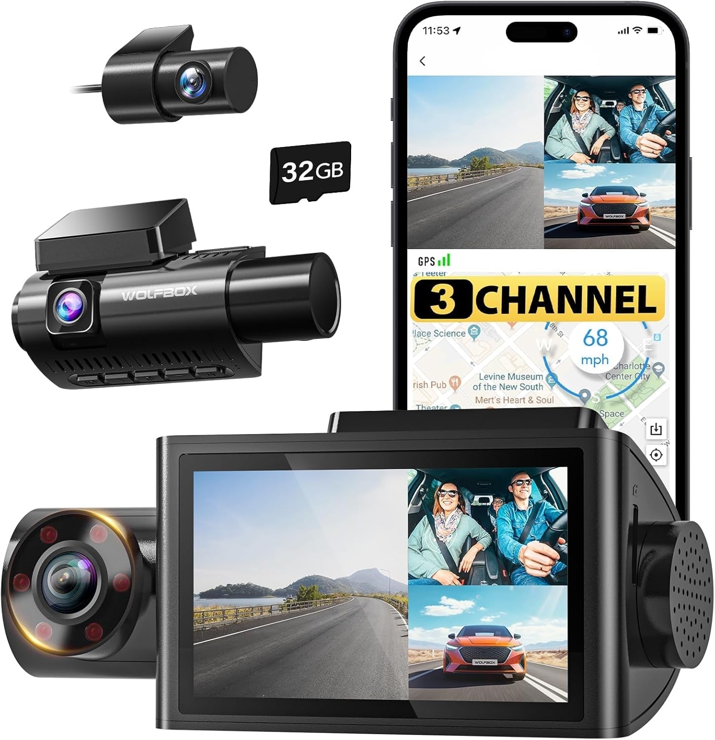 Triple Channel Car Camera - 4K Front, 1080P Rear & Cabin, Night Vision, GPS, WiFi, 32GB
