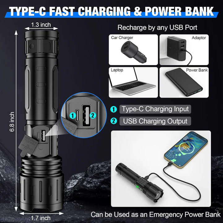 Tactical Flashlight with 100,000 Lumens and Adjustable Beam – Waterproof Design for Outdoor Use