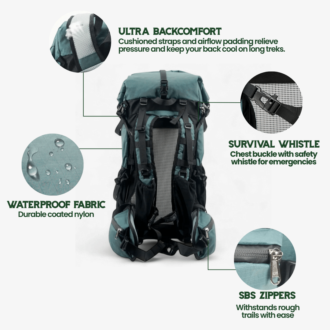 50L Lightweight Travel Backpack with Roll-Top | Durable, Water-Resistant for Hiking