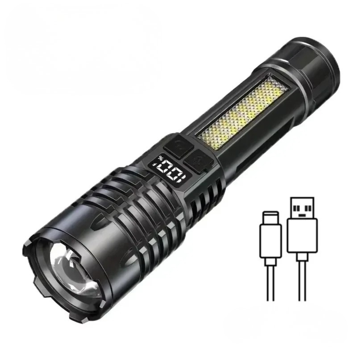 High Power LED Flashlight Type C Rechargeable COB Torch Side Light Cam