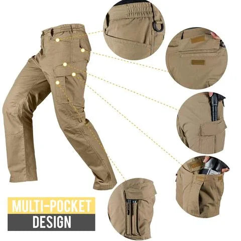 Men's Waterproof Black Cargo Trousers with Multiple Pockets for Outdoors