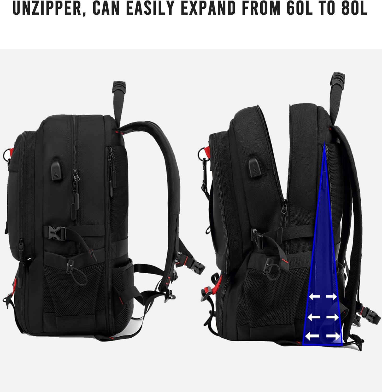 Waterproof 60L Laptop Backpack for Travel with USB Port and Organized Storage