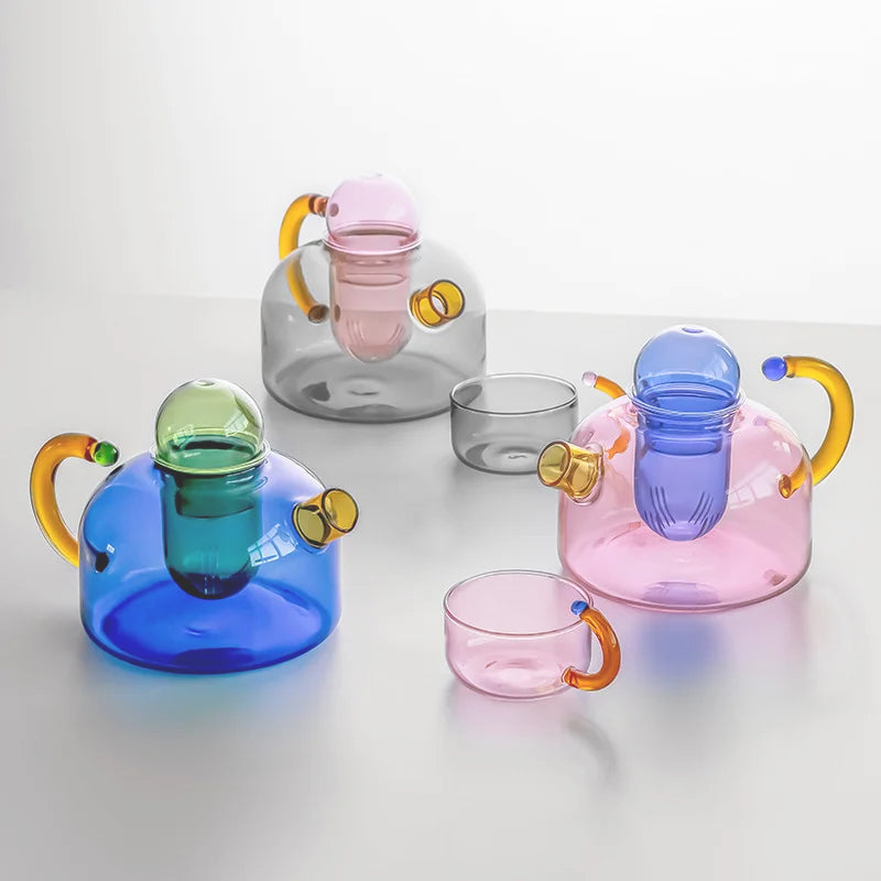 Colorful Borosilicate Tea Cups and Teapot Set – Unique Glass Shapes