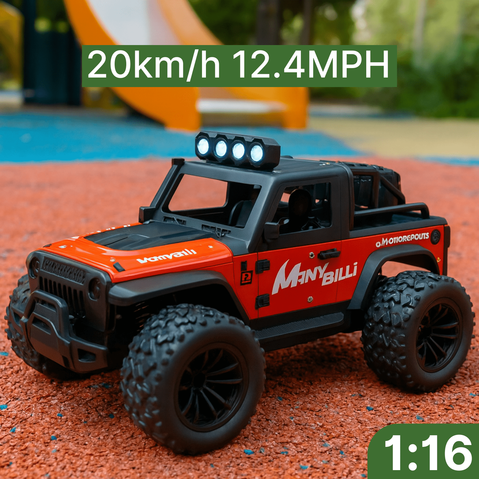 1:16 Scale Off-Road RC Car – 20km/h, 2.4GHz, LED Lights, USB Charge, 4 Colors