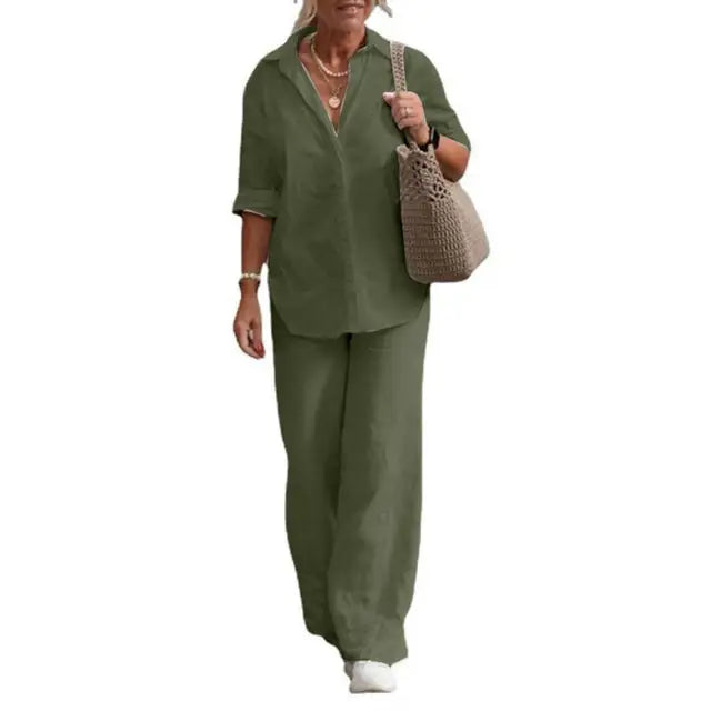 Women’s Linen Two-Piece Set | Button-Down Shirt & Wide-Leg Pants | Breathable Linen Fabric | Comfortable Fit