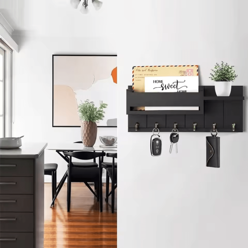 TimberCraft Wooden Wall Organizer with Hooks and Mail Slot