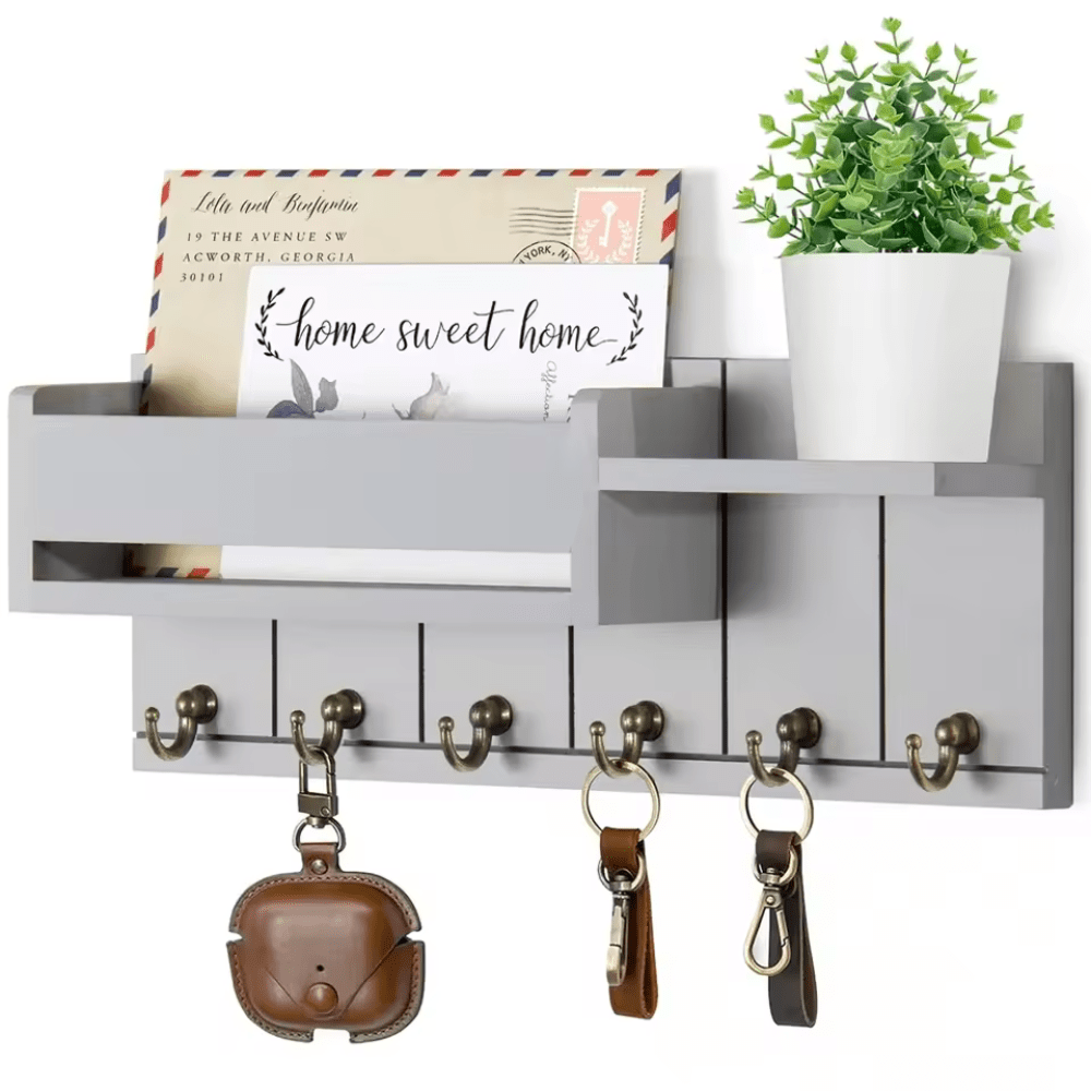 TimberCraft Wooden Wall Organizer with Hooks and Mail Slot