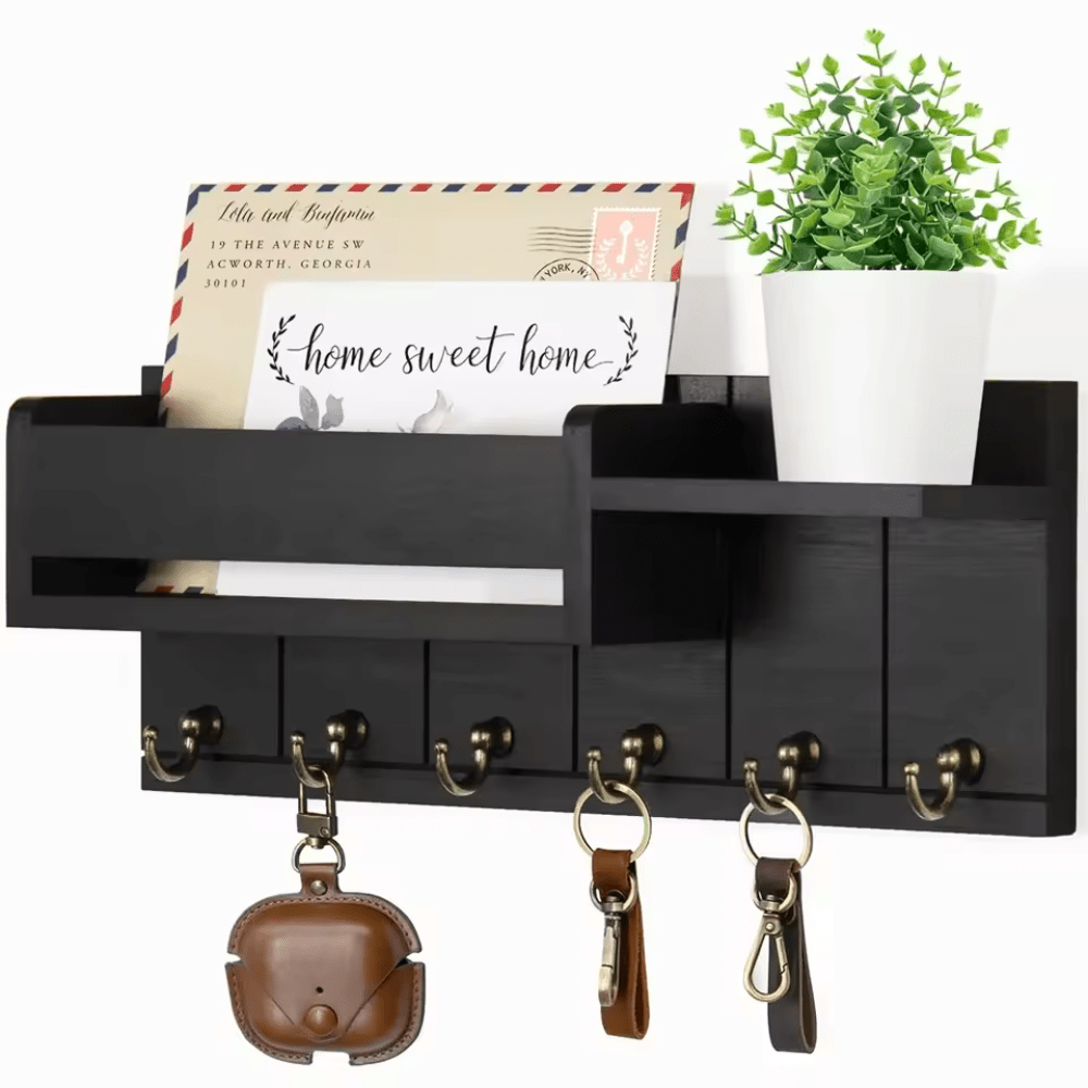 TimberCraft Wooden Wall Organizer with Hooks and Mail Slot