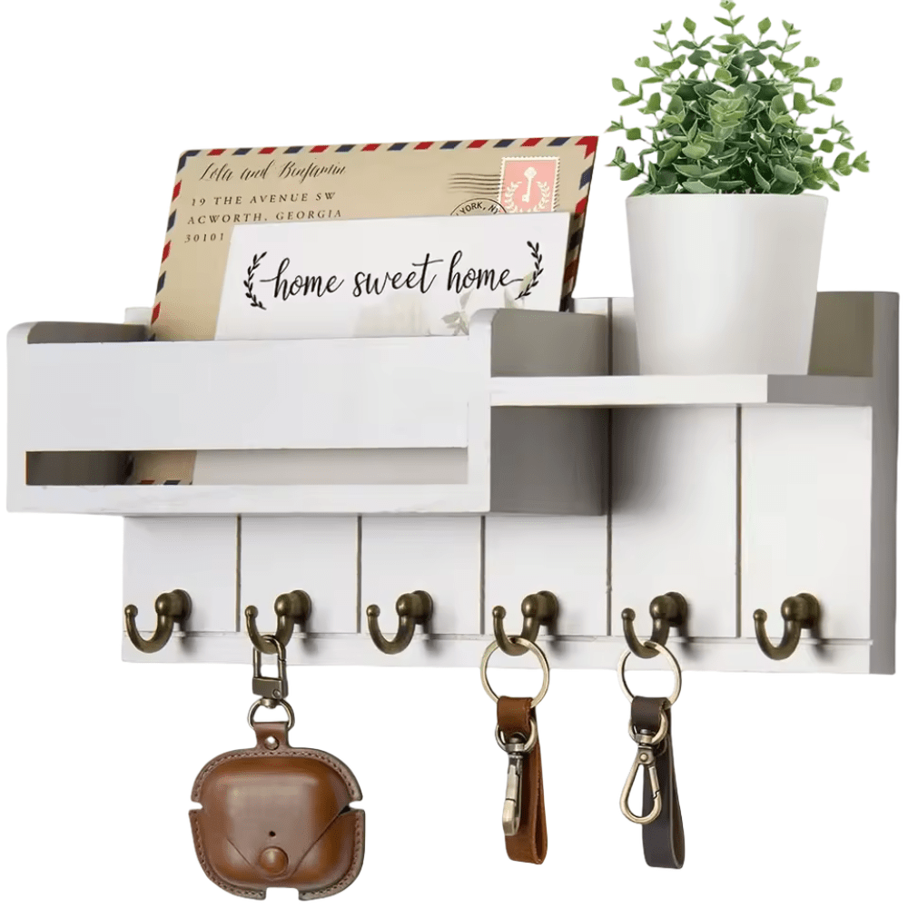 TimberCraft Wooden Wall Organizer with Hooks and Mail Slot