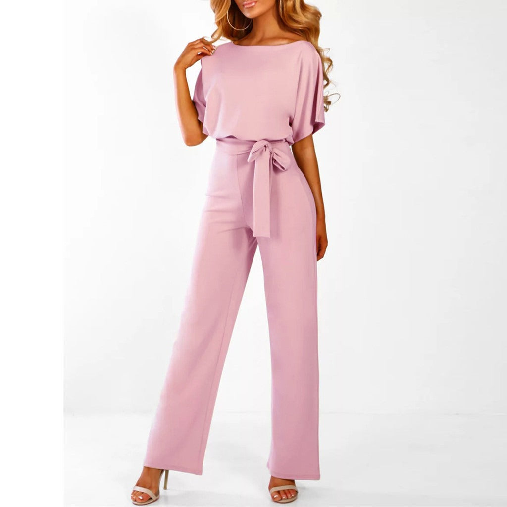 Women’s Wide-Leg Jumpsuit | Waist Tie Belt & Flutter Sleeves | Cotton Blend | Comfortable Fit
