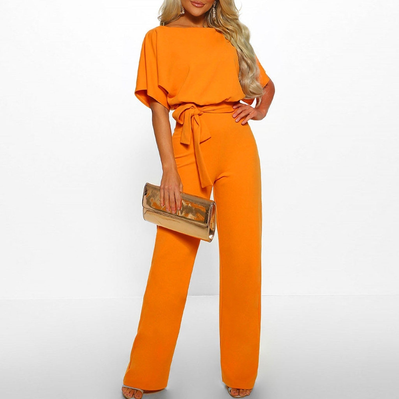 Women’s Wide-Leg Jumpsuit | Waist Tie Belt & Flutter Sleeves | Cotton Blend | Comfortable Fit