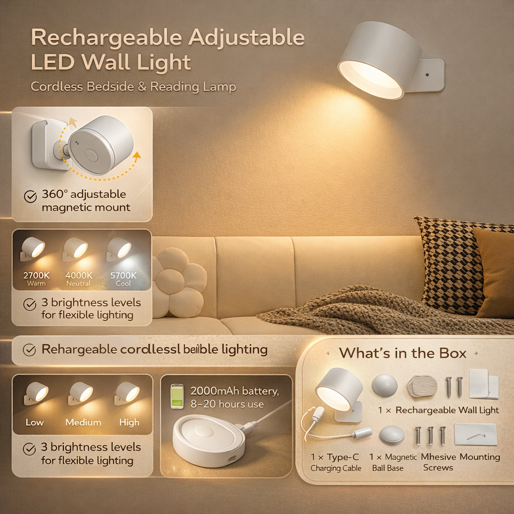 Portable LED Wall Lamp with Magnetic Mount and Adjustable Settings