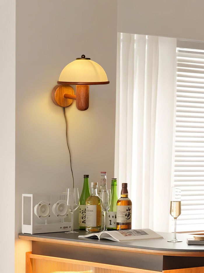 Taavita Mushroom Wood Wall Light - Elegant Oak Finish with White Lampshade