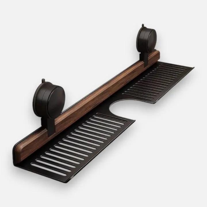 Drill-Free Bathroom and Kitchen Storage – Suction Mount Wall Shelf with Walnut Finish