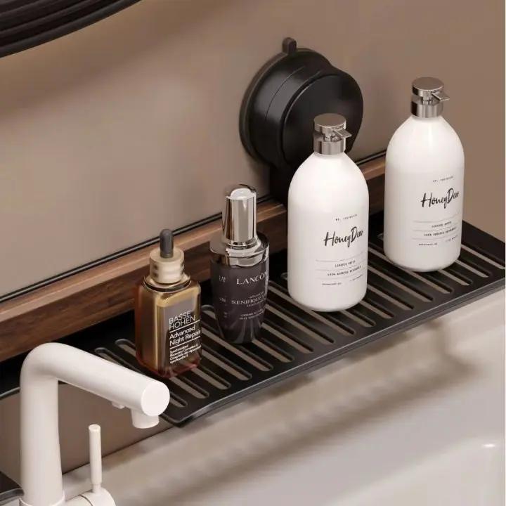 Drill-Free Bathroom and Kitchen Storage – Suction Mount Wall Shelf with Walnut Finish