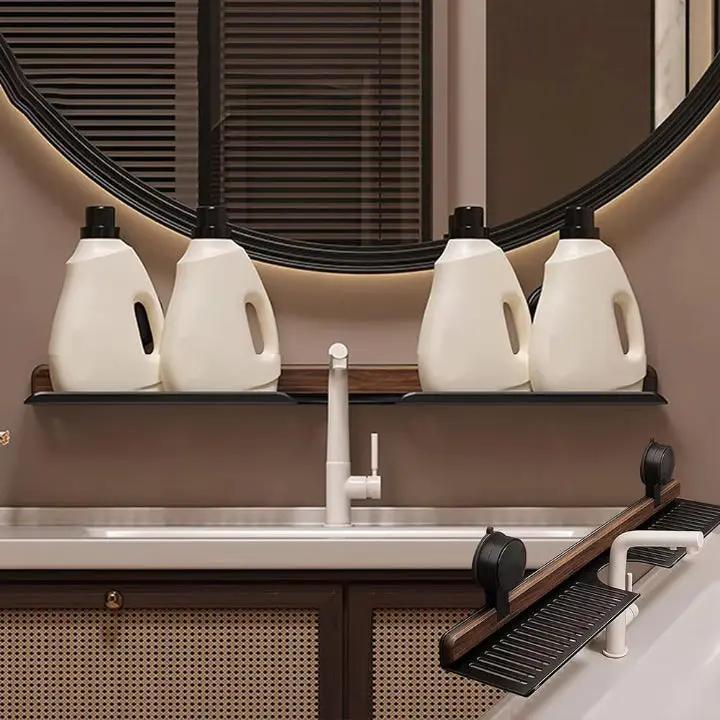 Drill-Free Bathroom and Kitchen Storage – Suction Mount Wall Shelf with Walnut Finish