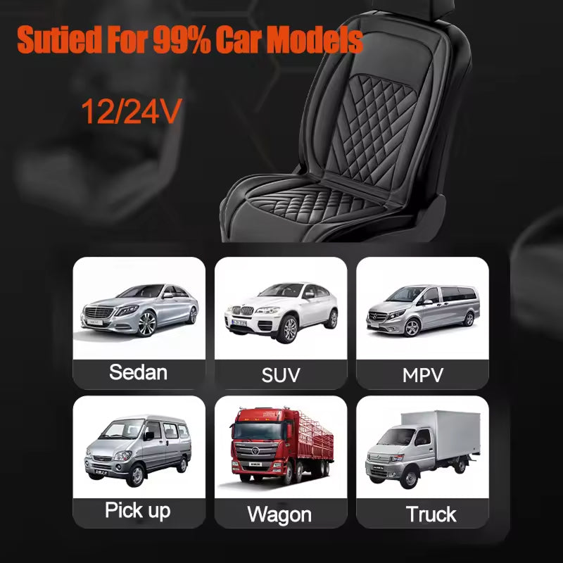 Universal Heated Seat Cover for Cars | 3 Heat Settings | 12V-24V | Washable