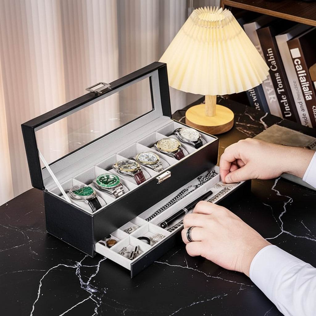 Elegant Dual-Layer Watch Storage Box with Drawer and Glass Top