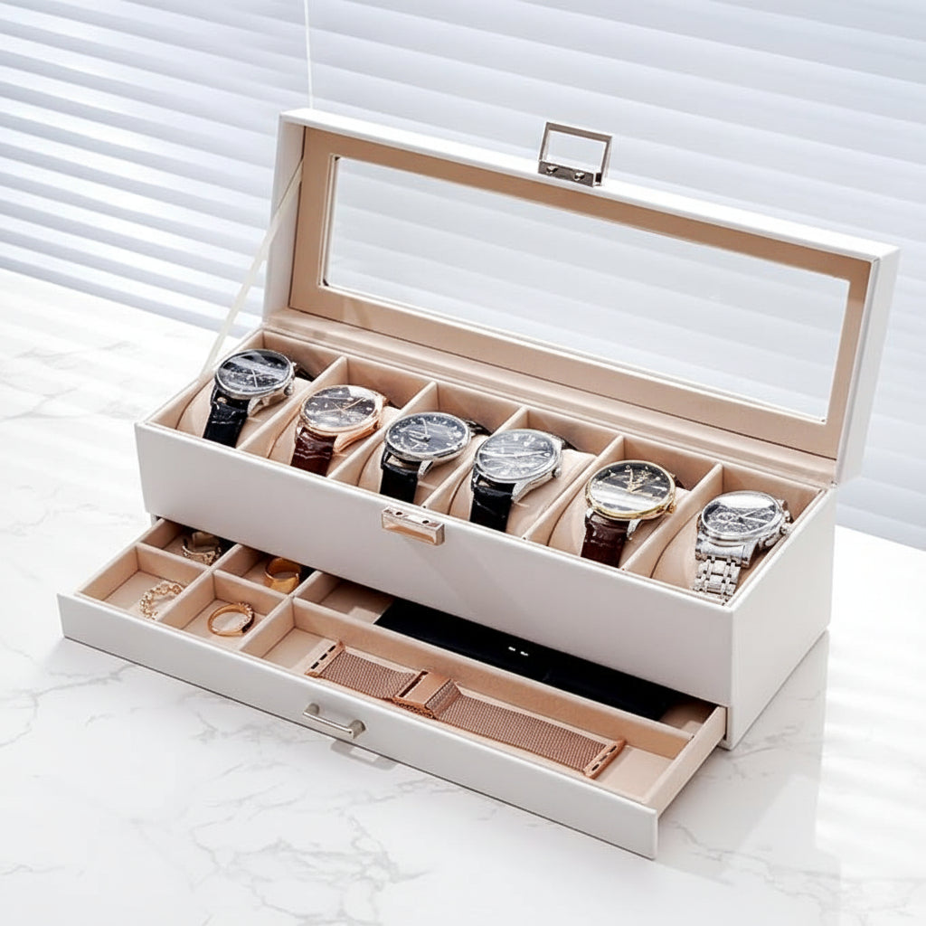 Elegant Dual-Layer Watch Storage Box with Drawer and Glass Top